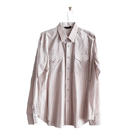 Vintage Lancer Mens Plaid Pearl Snap Button Up Western Shirt Tan Red XL Tall - Picture 1 of 8